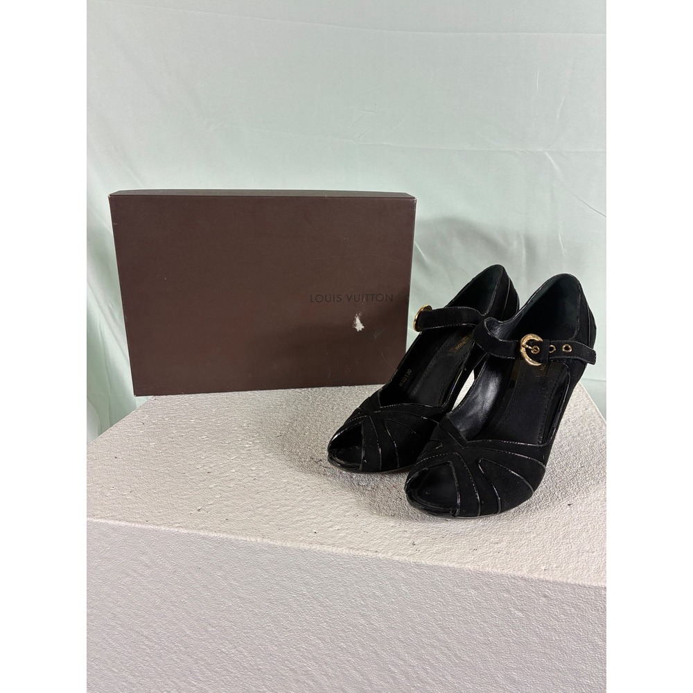 Louis Vuitton Black Suede Patent Mary Jane Peep Toe Pumps Gold Buckle Heels 40